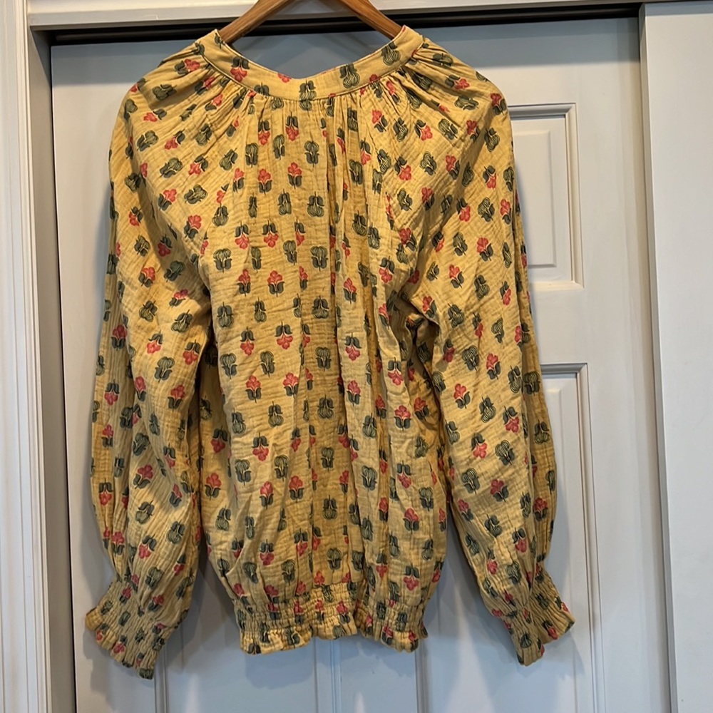Anthropologie Porridge gold floral cotton peasant blouse with tie detail - Picture 4 of 11